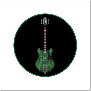 Tiled Pixel Memphis Green Guitar in a Black Circle Posters and Art